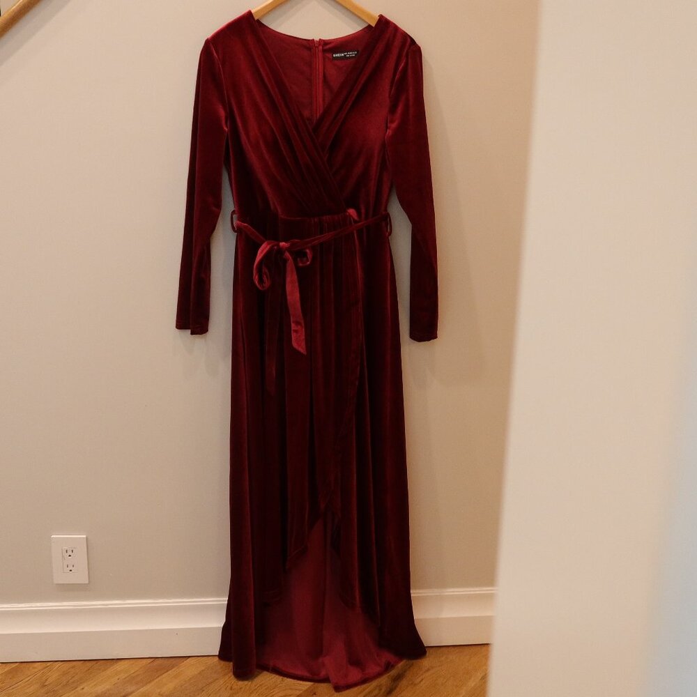 SHEIN red velvet velour maxi dress wrap asymmetric belted L holiday party event - Picture 2 of 12